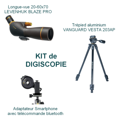 KIT Digiscopie avec longue-vue 20-60x70 LEVENHUK BLAZE Pro et trépied VESTA 203AP et adaptateur smartphone bluetooth VANGUARD