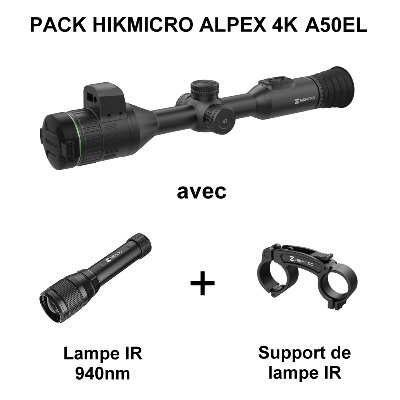 PACK Lunette jour et nuit HIKMICRO ALPEX 4K A50EL avec télémètre + Lampe IR 940nm + Support de lampe IR